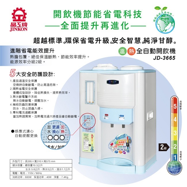 【晶工牌】10.3L省電科技溫熱全自動開飲機 JD-3665-細節圖3