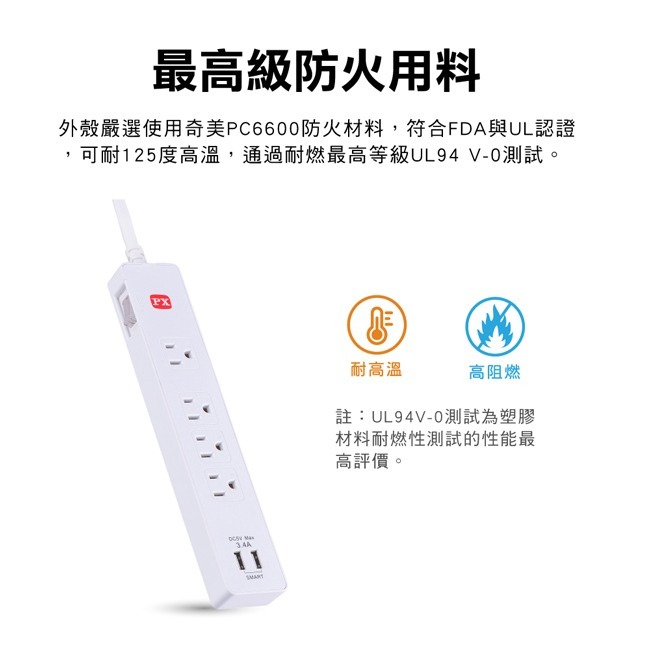 【PX大通】1切4座4尺+2USB電源延長線(1.2公尺) PEC-314U4W-細節圖5