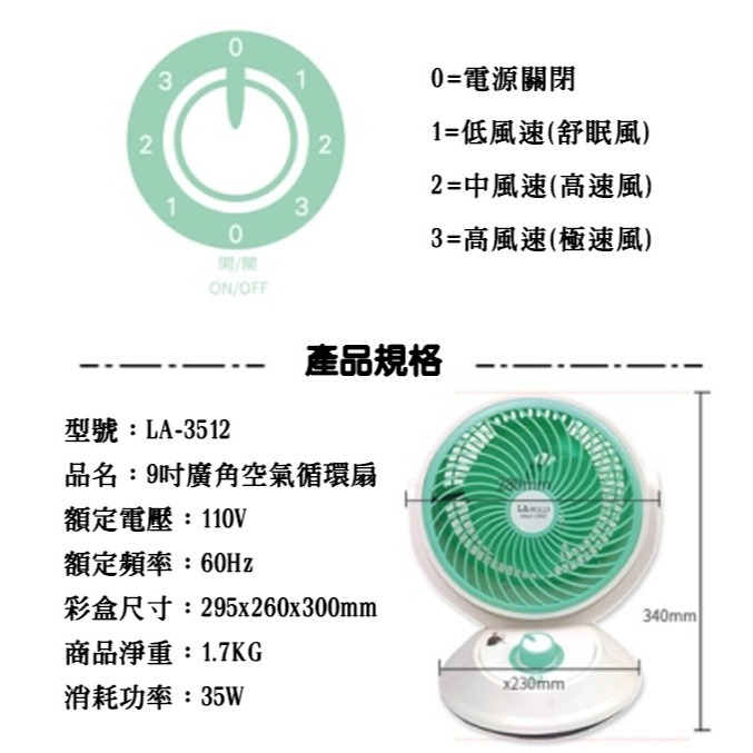 【LAPOLO藍普諾】9吋廣角空氣循環扇 LA-3512-細節圖6