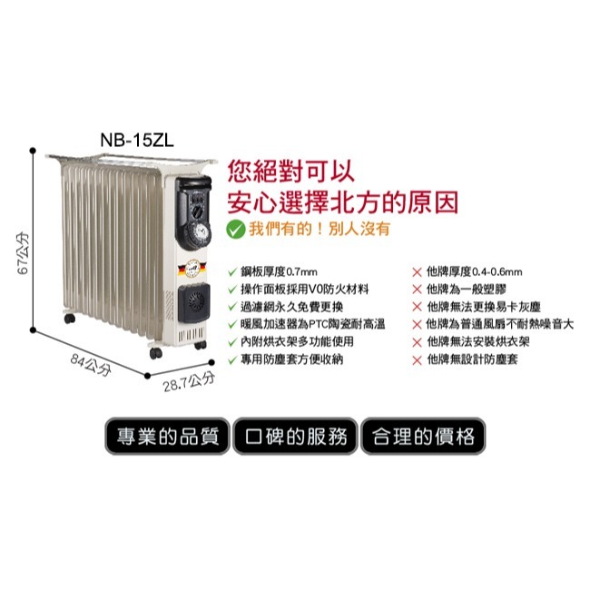 【北方】葉片式恆溫定時電暖器 NB-07ZL / NB-09ZL / NB-11ZL / NB-15ZL-規格圖2
