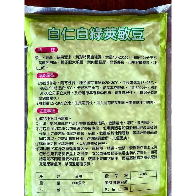 【長青敏豆種子】四季豆種子 600g 敏豆 白仁白綠莢7寸敏豆 雲豆 夏天蔬菜種子-細節圖2