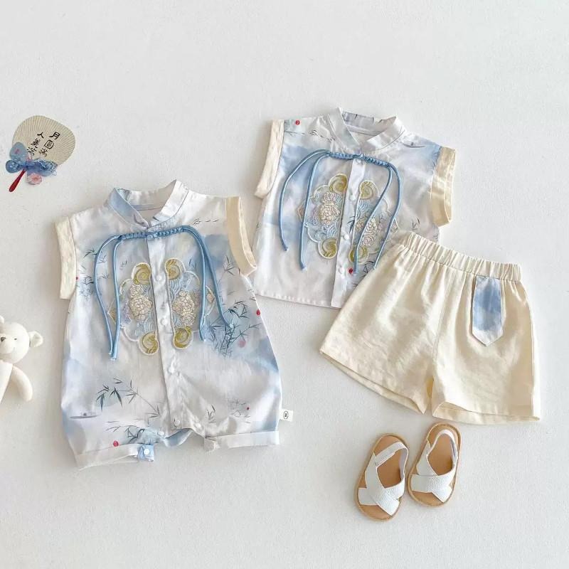 🎀雙生媽の櫥窗🎀 純棉中國風水墨畫刺繡包屁/套裝 刺繡套裝 中國風 唐朝-細節圖3