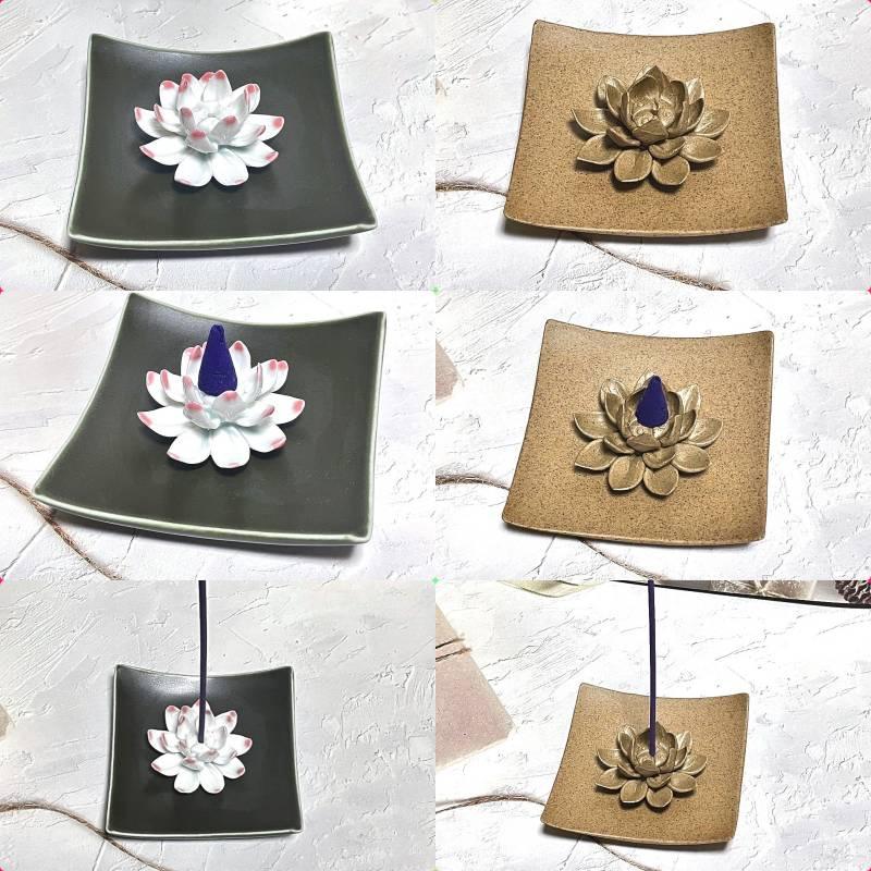 泰國 YU 香台 大象白瓷 蓮花彩釉 木檀色 兩用香台 YU Factory-細節圖3