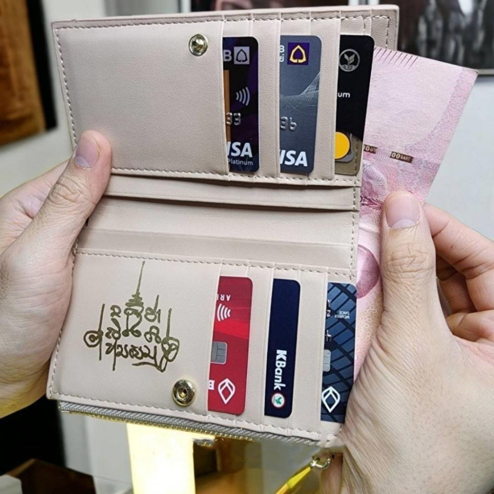 泰國 龍婆本廟 皮夾 手寫經文招財中版羊皮編織款-細節圖3