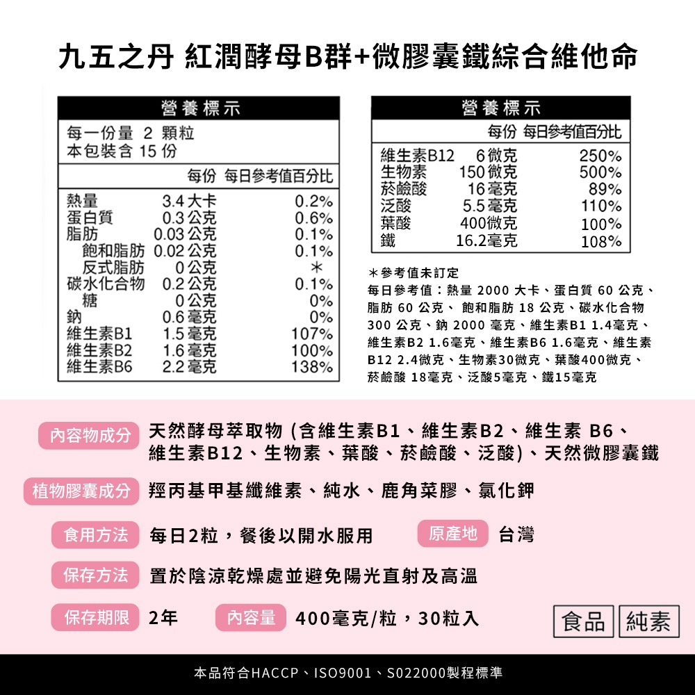 九五之丹 酵母B群+鐵 30顆/包 女性B群 酵母B群 微膠囊鐵 綜合B群 女性保健 愛美族 紅潤好氣色 素食族補給-細節圖8