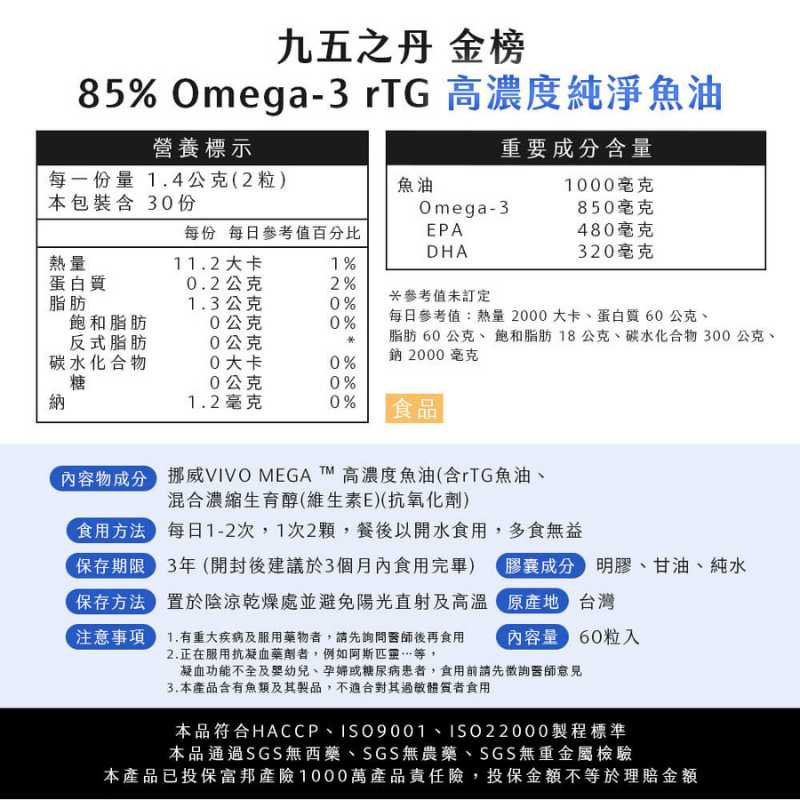 九五之丹 高濃度純淨魚油 60顆/盒 Omega3 DHA EPA rTG型態 挪威魚油 好吞服 無腥味-細節圖2