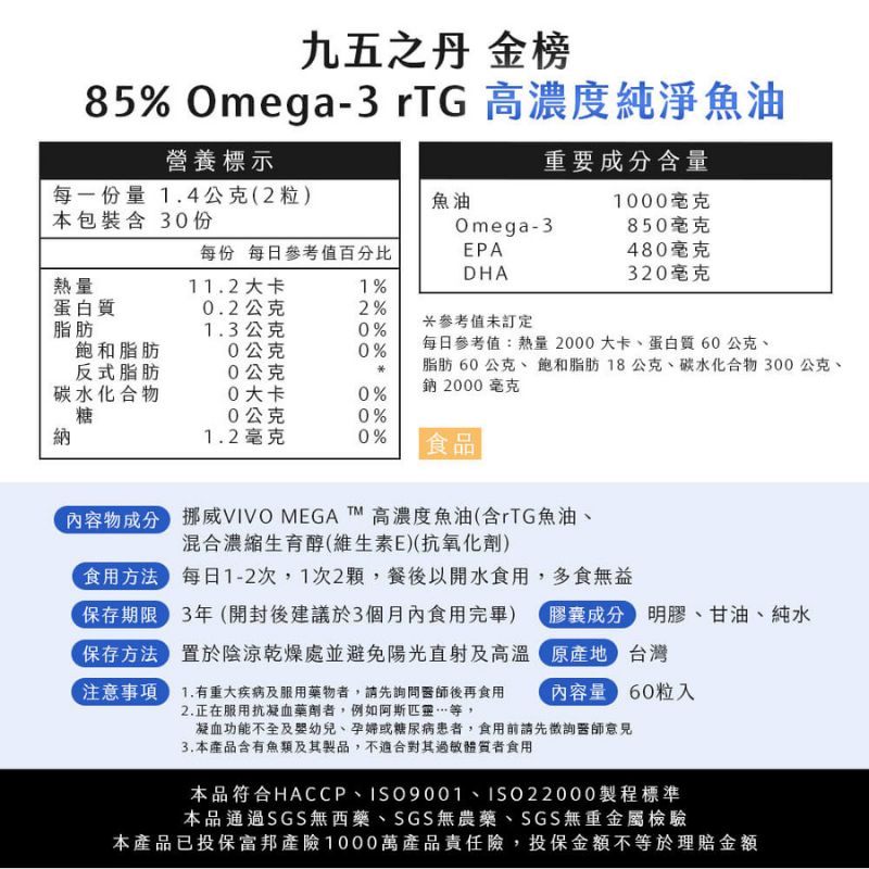 【五件折100】 九五之丹 高濃度純淨魚油 60顆 Omega3 DHA EPA rTG型態 挪威魚油 好吞服 無腥味-細節圖3