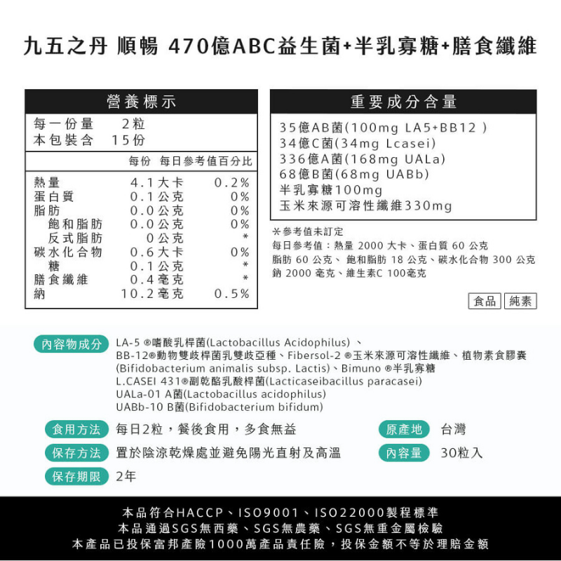 【5件折100】 九五之丹 益生菌膠囊 每包30顆 470億超高菌數 半乳寡糖 膳食纖維 益生質 排便順暢 調整體質-細節圖3