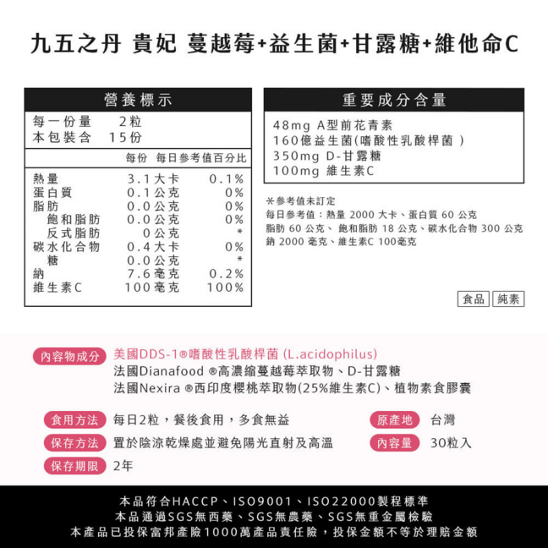 【5件折100】 九五之丹 蔓越莓 益生菌 每包30顆 前花青素 甘露糖 維他命C 私密調理 孕婦 女性保健-細節圖3