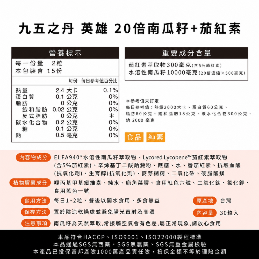 九五之丹 南瓜籽+茄紅素 30粒/包 南瓜籽膠囊 20倍濃縮 熟齡男性保養 純素可食 銀髮族 調整體質 維持健康-細節圖7
