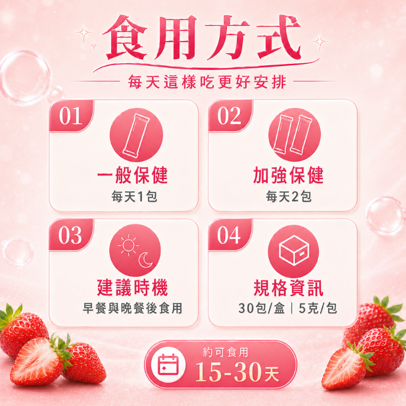 膠原蛋白粉 草莓風味 30包 每包含3000mg 專利魚膠原蛋白 玻尿酸 維他命C 瑞士藥廠 養顏美容 女性保養-細節圖6