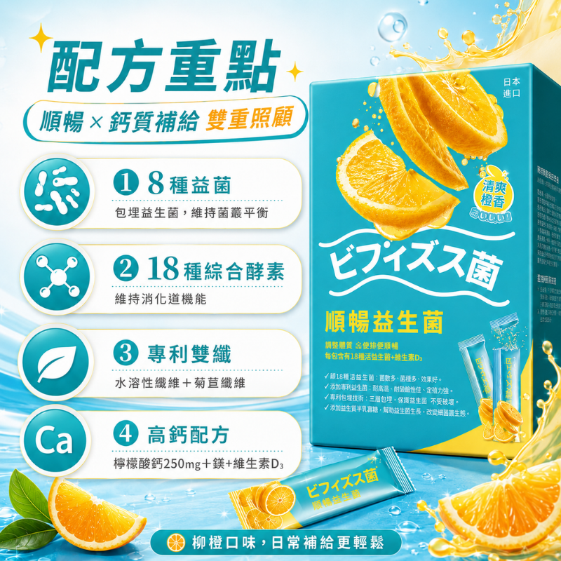 順暢益生菌 每包含鈣250mg 膳食纖維 柳橙風味 30包/盒 瑞士藥廠 消化酵素 綜合酵素 乳酸菌 益生元 順暢保養-細節圖2