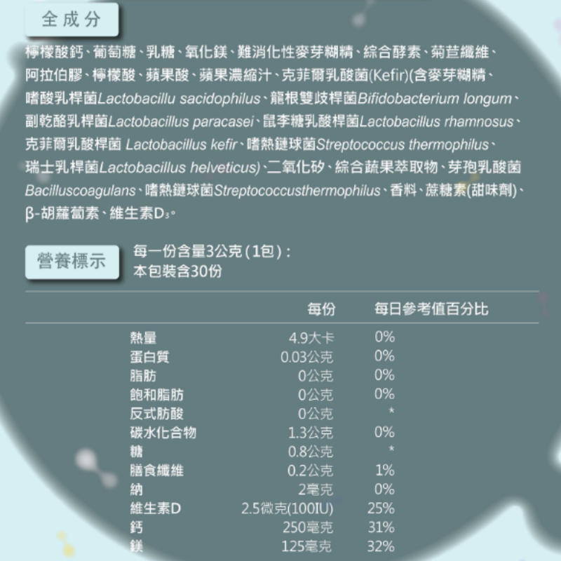 瑞士藥廠 順暢益生菌 高鈣配方 30包 調整體質 膳食纖維 低熱量 消化酵素 乳酸菌 專利益生菌 AB克菲爾 益生元-細節圖4