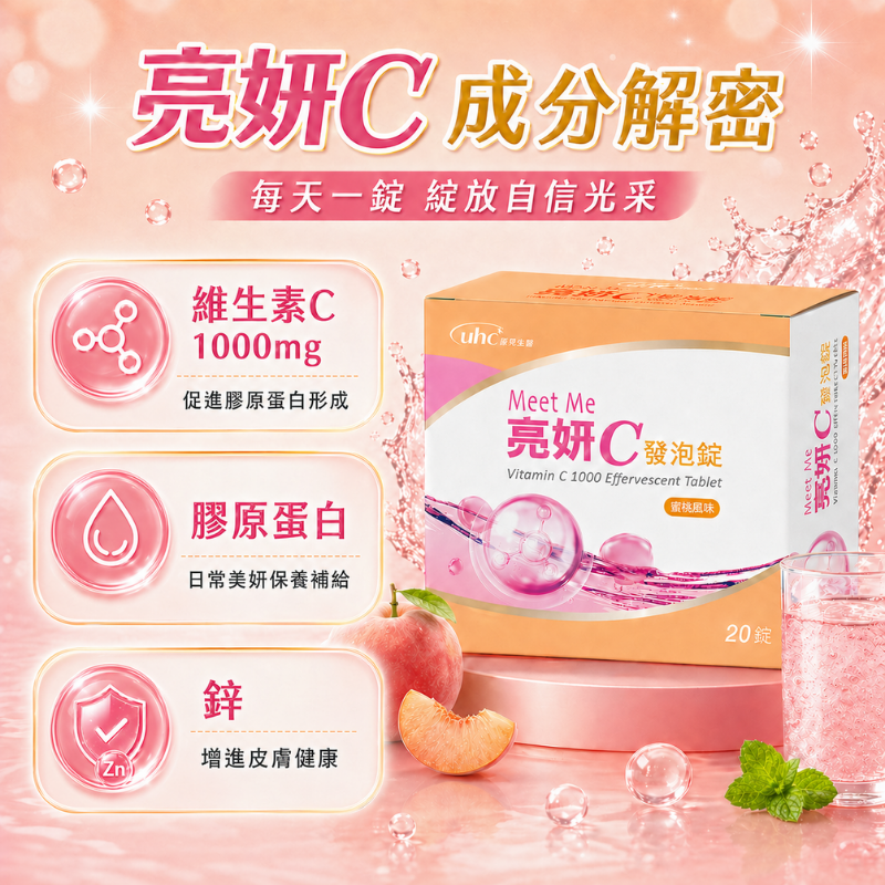 維生素C1000 發泡錠 零熱量 無糖低鈉 20錠/盒 亮妍C 膠原蛋白 鋅 維他命C 水蜜桃汽水風味-細節圖3