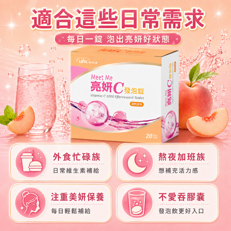 維生素C1000 發泡錠 零熱量 無糖低鈉 20錠/盒 亮妍C 膠原蛋白 鋅 維他命C 水蜜桃汽水風味-細節圖5