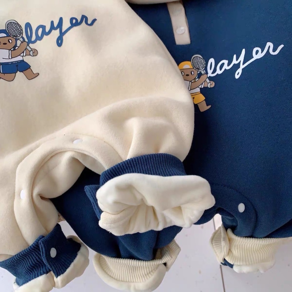 🇰🇷秋冬寶寶刷毛小熊學院風連體衣爬行衣-細節圖4