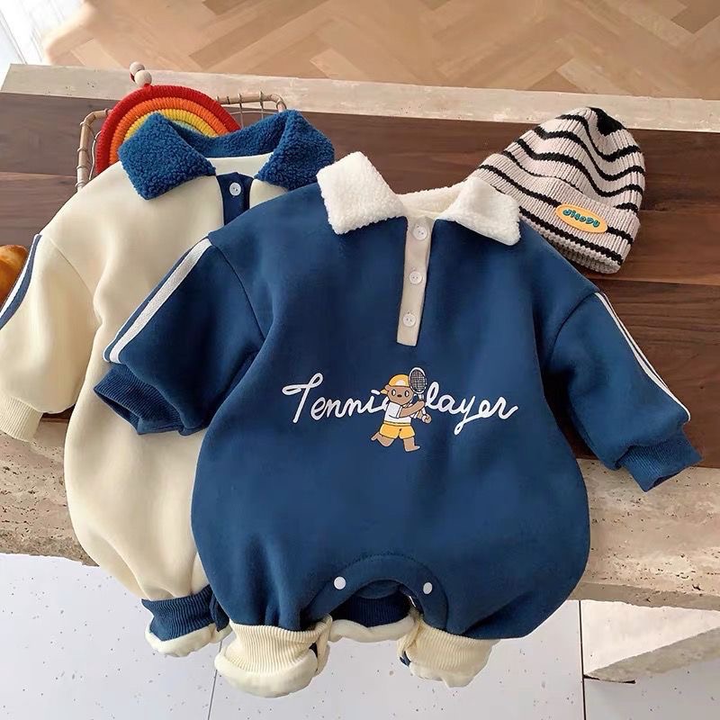 🇰🇷秋冬寶寶刷毛小熊學院風連體衣爬行衣-規格圖5