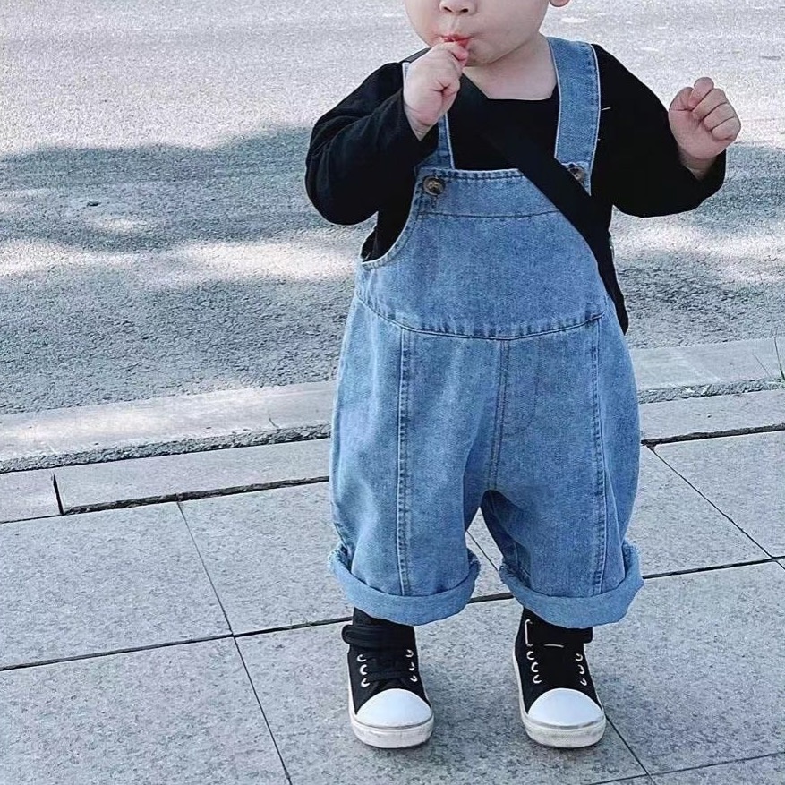 牛仔吊帶長褲男童女童套裝-細節圖2