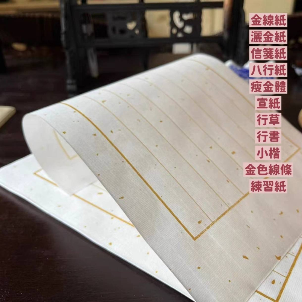 台灣快速出貨~書韻堂【書法信箋紙】宣紙加厚毛筆小楷  金線宣紙  灑金 8行 高級信紙 仿古 小楷日課紙 金線 信簽紙-細節圖2
