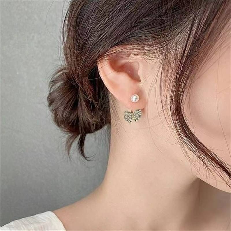 ｜Teddy Shop｜𝑺𝟗𝟐𝟓純銀 💎珍珠蝴蝶結兩用耳環🎀 氣質耳環 高級感飾品 百搭金色款-細節圖4