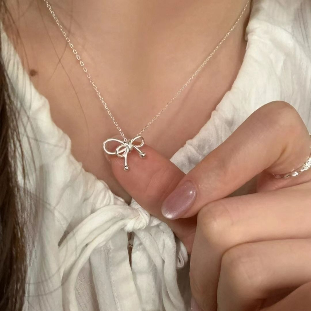 ｜Teddy Shop｜💎輕奢韓系雙蝴蝶結細項鍊🎀 氣質鎖骨鍊 韓系飾品 高級感銀色款 項鍊 韓系項鍊-細節圖2