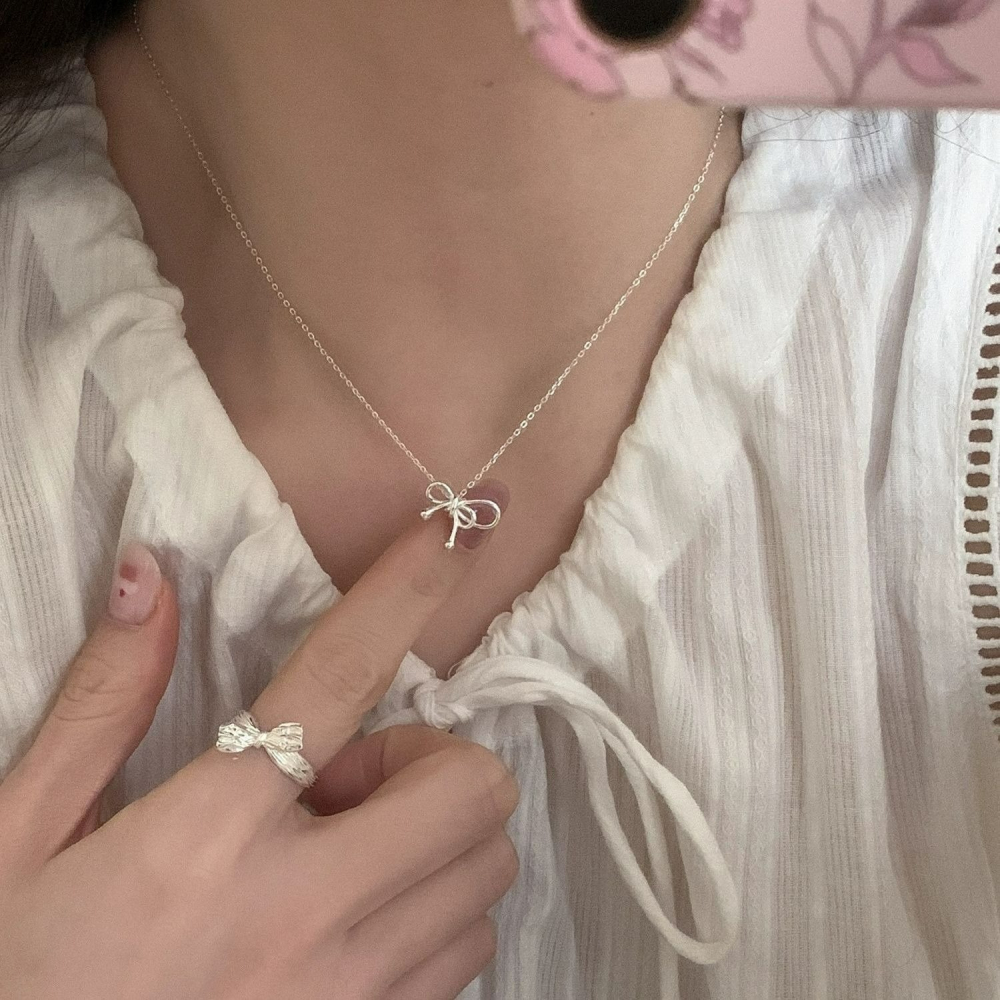 ｜Teddy Shop｜💎輕奢韓系雙蝴蝶結細項鍊🎀 氣質鎖骨鍊 韓系飾品 高級感銀色款 項鍊 韓系項鍊-細節圖3