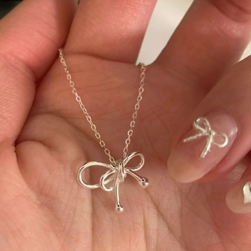 ｜Teddy Shop｜💎輕奢韓系雙蝴蝶結細項鍊🎀 氣質鎖骨鍊 韓系飾品 高級感銀色款 項鍊 韓系項鍊-細節圖4