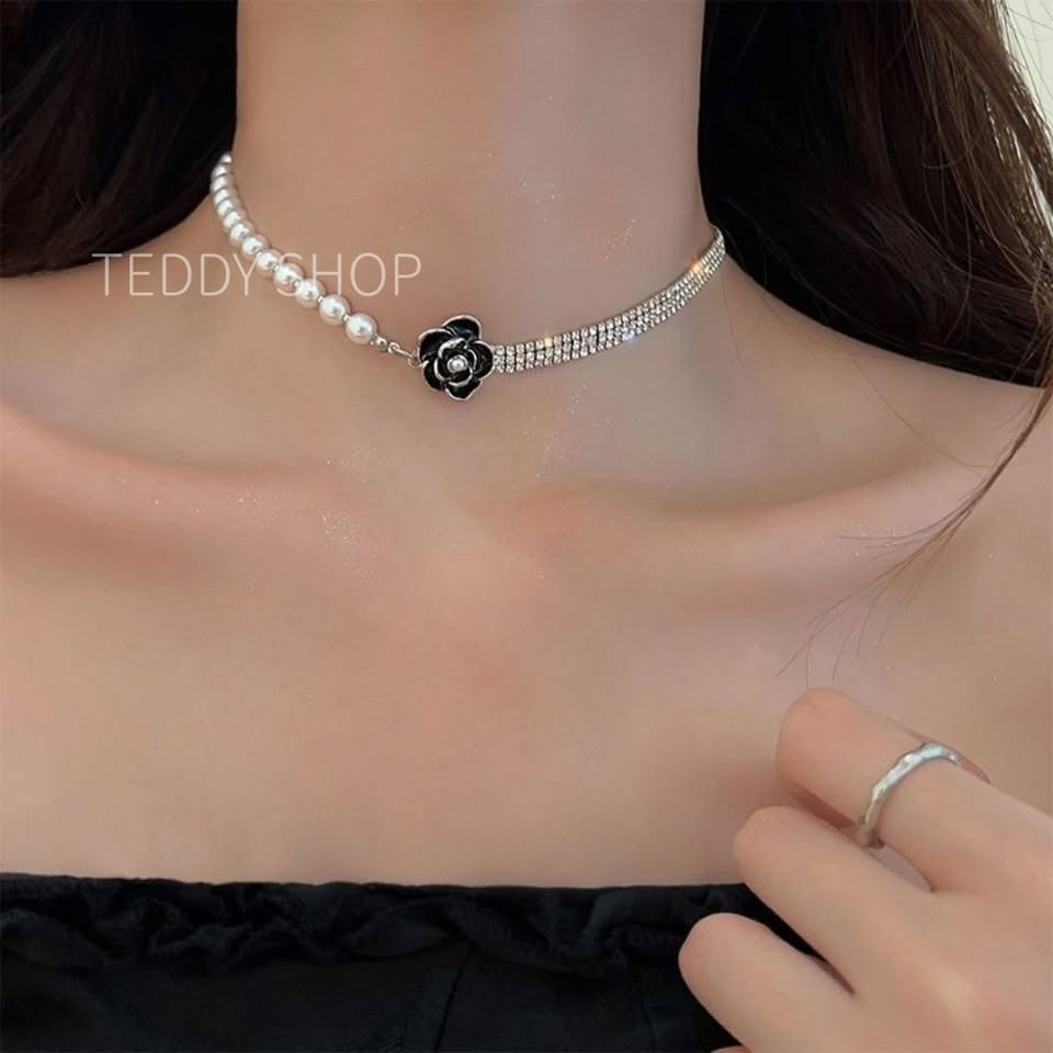 ｜Teddy Shop｜💎法式復古山茶花珍珠項鍊🎀 氣質項鍊 高級感飾品 優雅白色款 山茶花項鍊-細節圖2