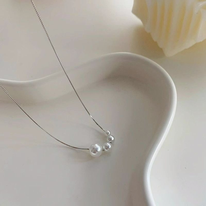 ｜Teddy Shop｜💎法式珍珠一串漸變項鍊🎀 氣質項鍊 高級感飾品 優雅銀色款-細節圖2