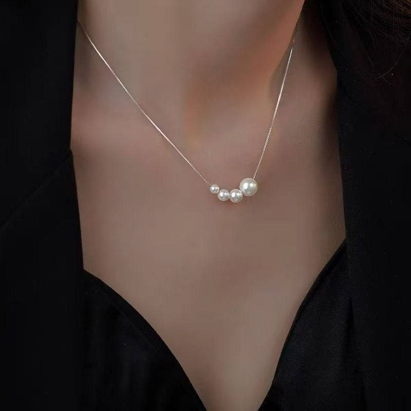 ｜Teddy Shop｜💎法式珍珠一串漸變項鍊🎀 氣質項鍊 高級感飾品 優雅銀色款-細節圖3