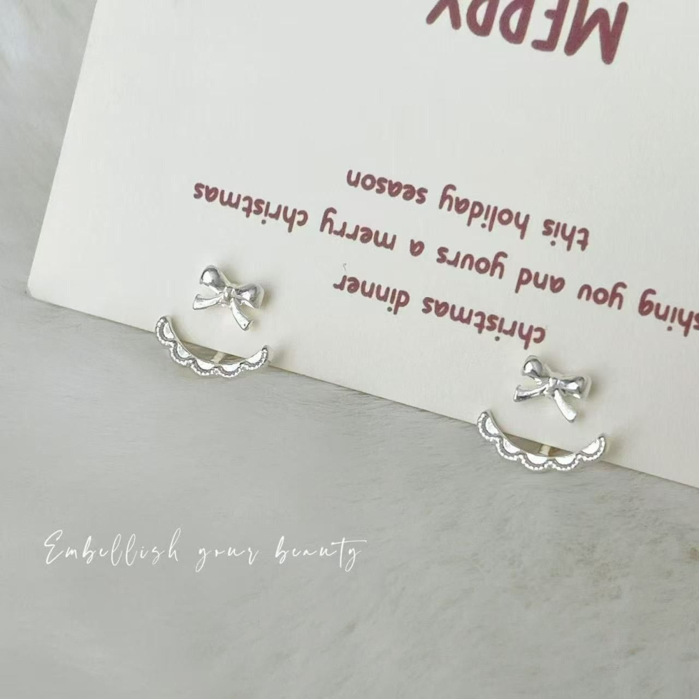 ｜Teddy Shop｜𝑺𝟗𝟐𝟓純銀 💎設計感蝴蝶結後掛式耳環🎀 銀色耳環 氣質耳飾 甜美高級感款-細節圖2