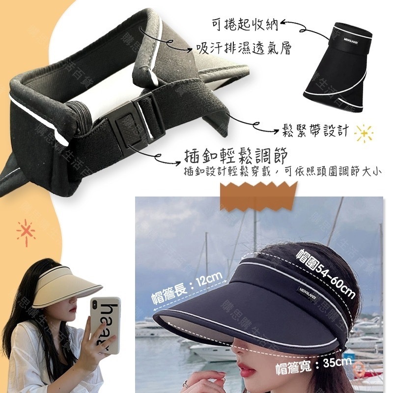 【台灣24H發貨🔥大帽簷+可調式鬆緊帶】防曬帽 遮陽帽 空頂帽 登山帽 女帽 釣魚帽 棒球帽 防曬 漁夫帽 帽子 折疊帽-細節圖6