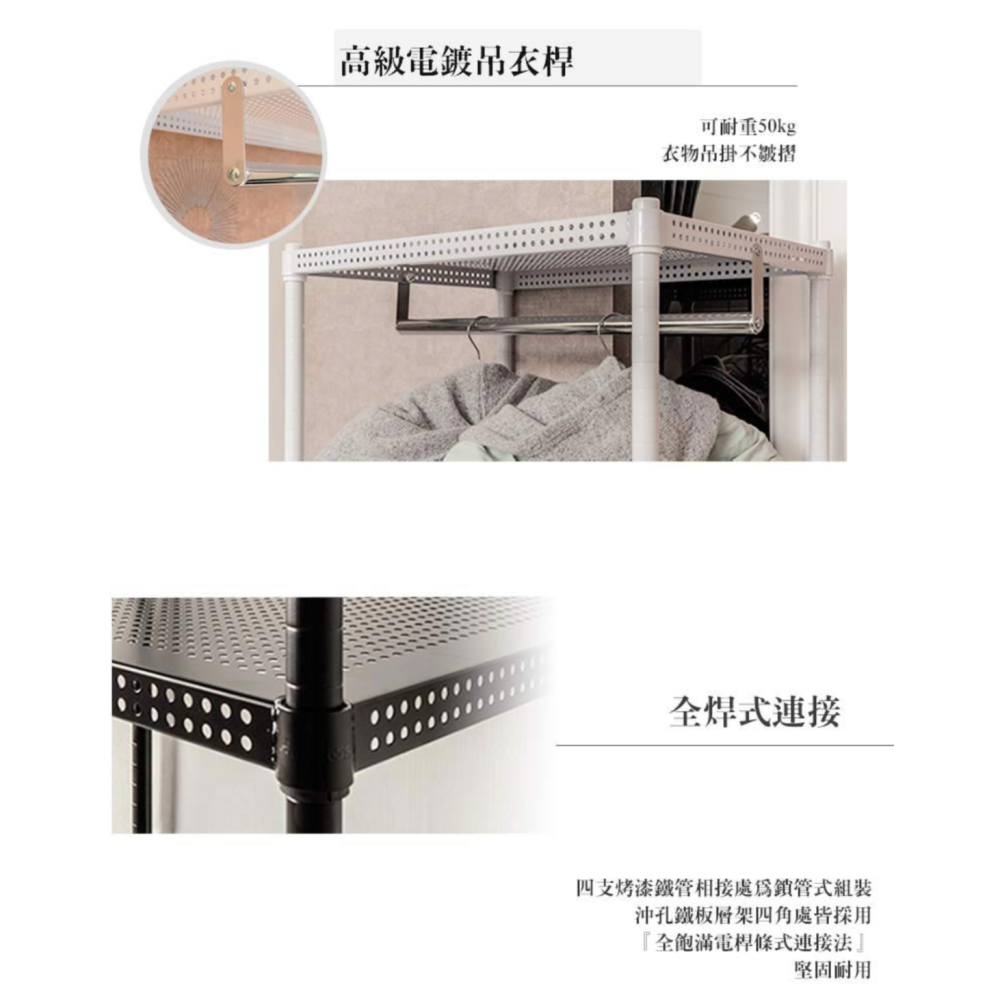 【JMhouse】沖孔系列 三層單/雙桿衣櫥 (兩色) 60x45x180cm MIT台灣製 鐵力士架 吊衣架 衣櫃-細節圖5