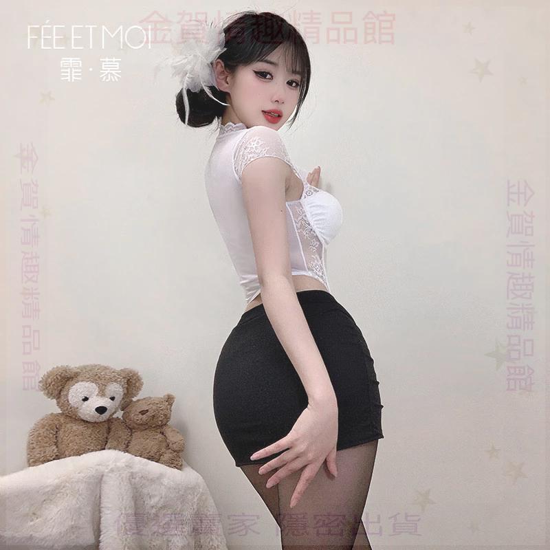 霏慕性感尤物帶胸墊蕾絲拼紗打底衫套裝6157情趣內衣純欲包臀裙-細節圖2