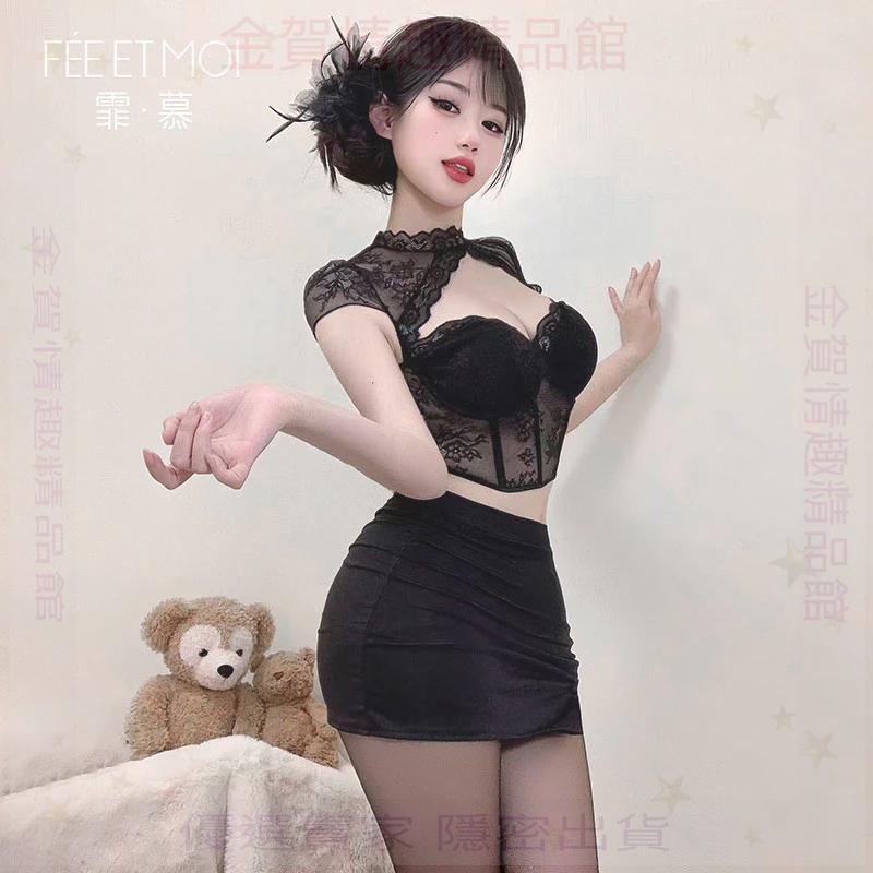 霏慕性感尤物帶胸墊蕾絲拼紗打底衫套裝6157情趣內衣純欲包臀裙-細節圖4
