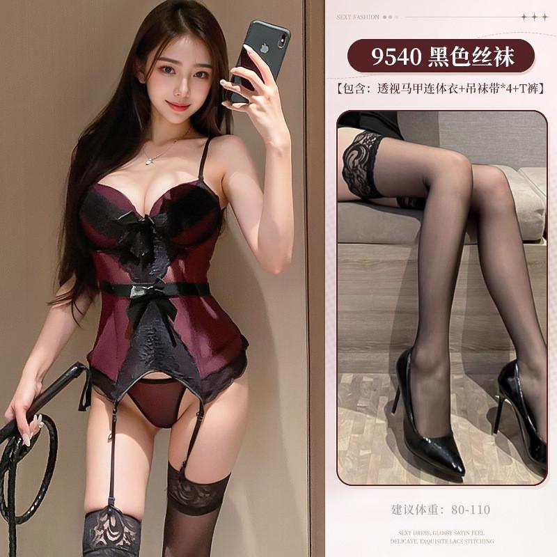 姬欲情趣內衣性感鋼托棉墊束腰馬甲透視低領深V制服套裝8127-細節圖4