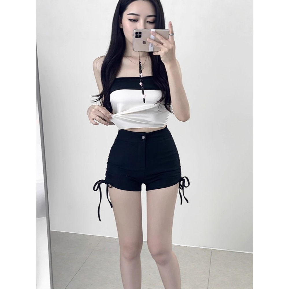 白色緊身包臀短褲女春夏新款韓版繫帶休閒褲女團辣妹高腰熱褲-細節圖4