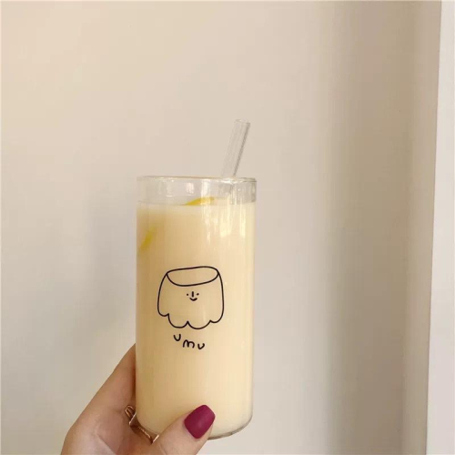 台灣現貨🌷400ml布丁玻璃水杯（送吸管） 小眾簡約可愛早餐杯子 牛奶杯 美式杯