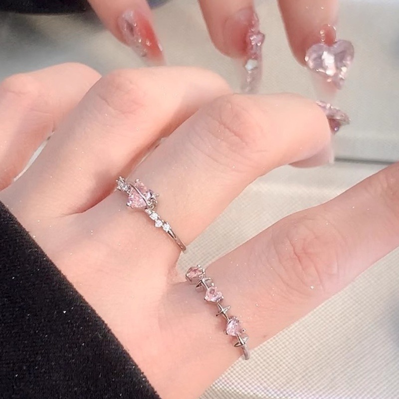 小眾設計芭比粉水晶愛心戒指-細節圖2