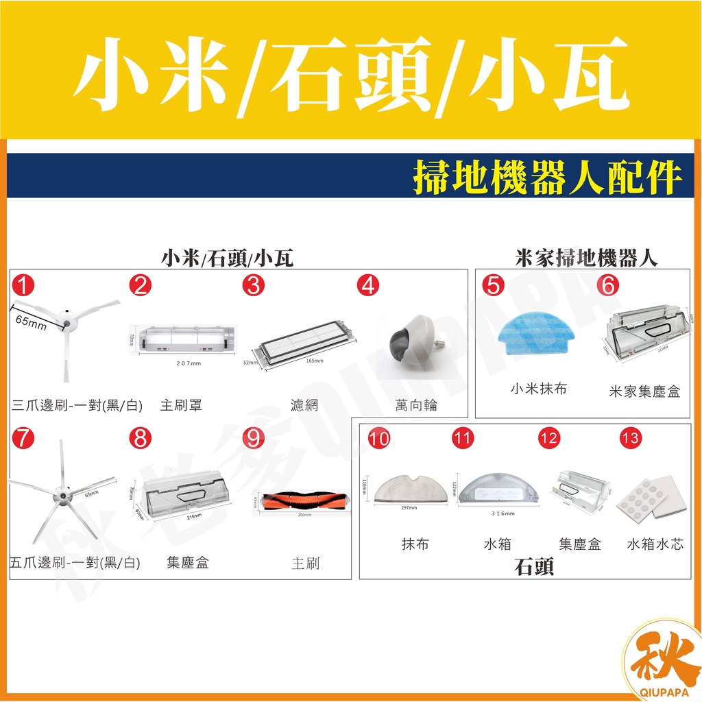 台灣現貨  適用小米 石頭 小瓦 主刷  副廠配件 耗材 掃地機器人-細節圖4