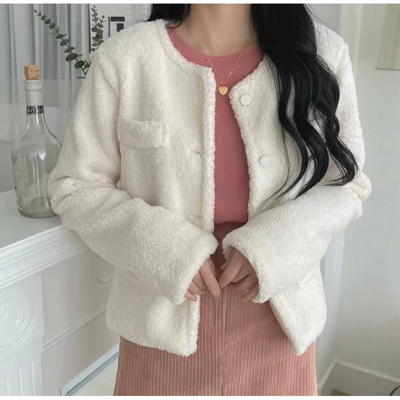 #韓國女裝    🇰🇷圓領羊羔毛外套-細節圖4