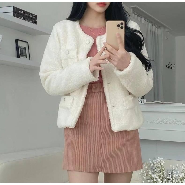 #韓國女裝    🇰🇷圓領羊羔毛外套-細節圖6