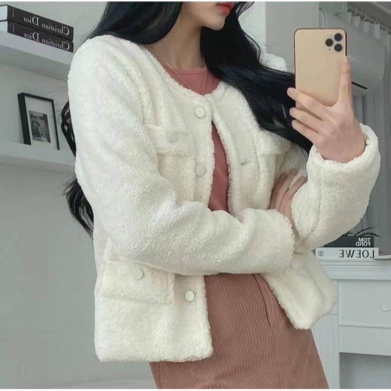 #韓國女裝    🇰🇷圓領羊羔毛外套-細節圖7