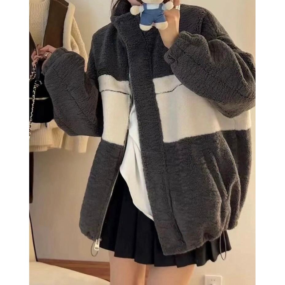 #韓國女裝 🇰🇷羊羔毛撞色立領外套-細節圖2