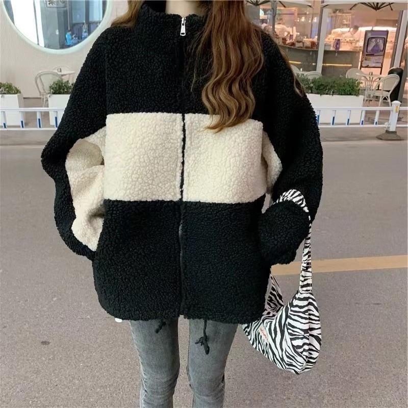 #韓國女裝 🇰🇷羊羔毛撞色立領外套-細節圖4