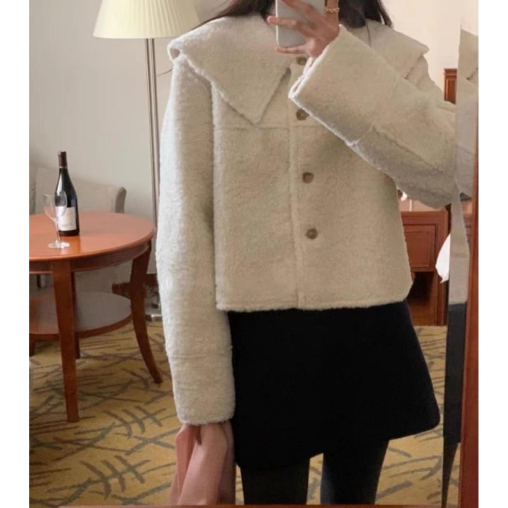 #韓國女裝  🇰🇷大翻領羊羔絨短款外套-細節圖4