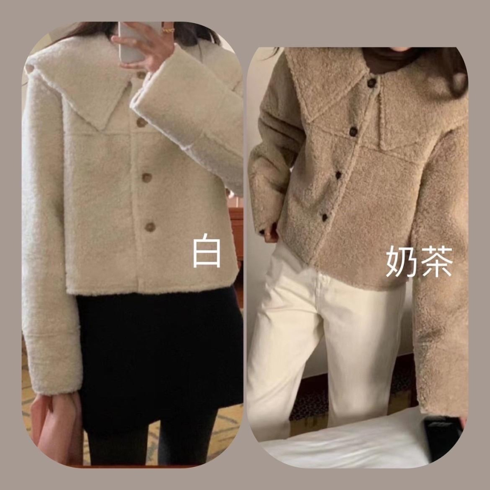 #韓國女裝  🇰🇷大翻領羊羔絨短款外套-細節圖6