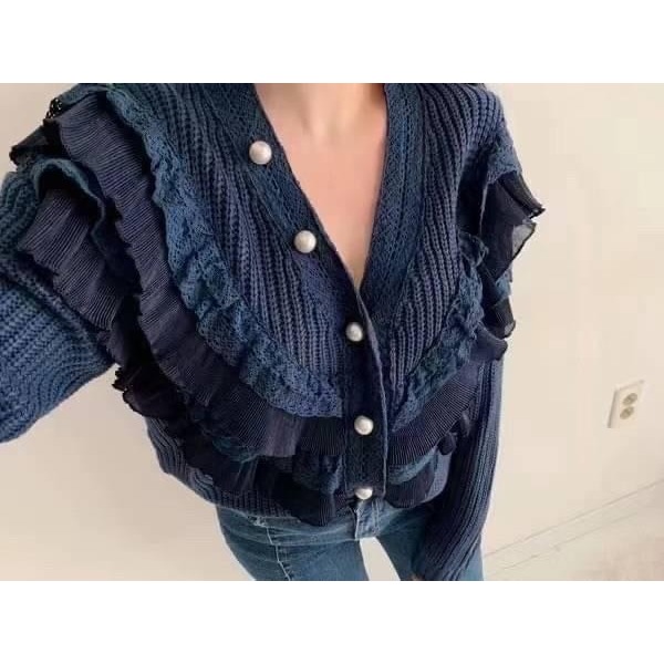 #韓國女裝   🇰🇷波浪蕾絲珍珠釦針織衣-細節圖2