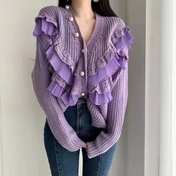 #韓國女裝   🇰🇷波浪蕾絲珍珠釦針織衣-細節圖4