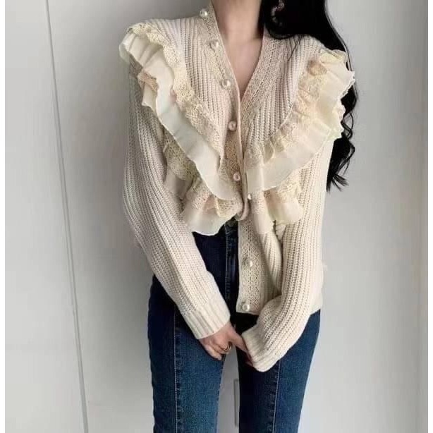 #韓國女裝   🇰🇷波浪蕾絲珍珠釦針織衣-細節圖6